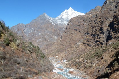 The famous sherpa village of Beding with Gaurishanker mountain in the background.